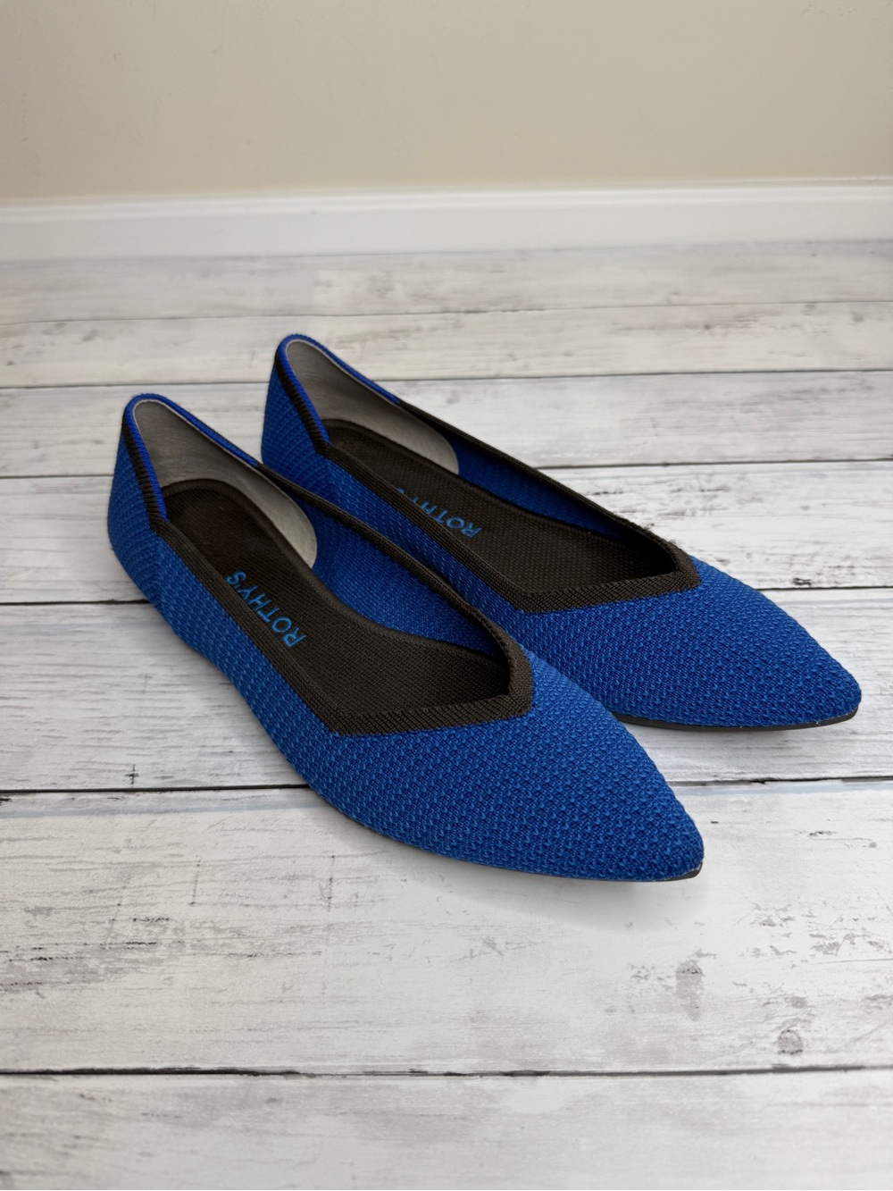 Rothy's Pointed Knit Flats in Royal Blue with Brown Trim
